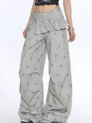 Stars Print Y2K Cargo Pant Women Vintage Streetwear Loose High Waist Design Trousers Hip Hop Retro American Casual Wide Leg Pant voguable