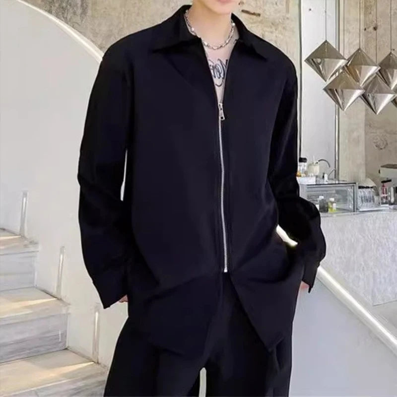 Autumn Men's Clothing Luxury Drooping Zipper Shirts Retro Premium Long-sleeved Solid Color Korean Popular Business Leisure voguable
