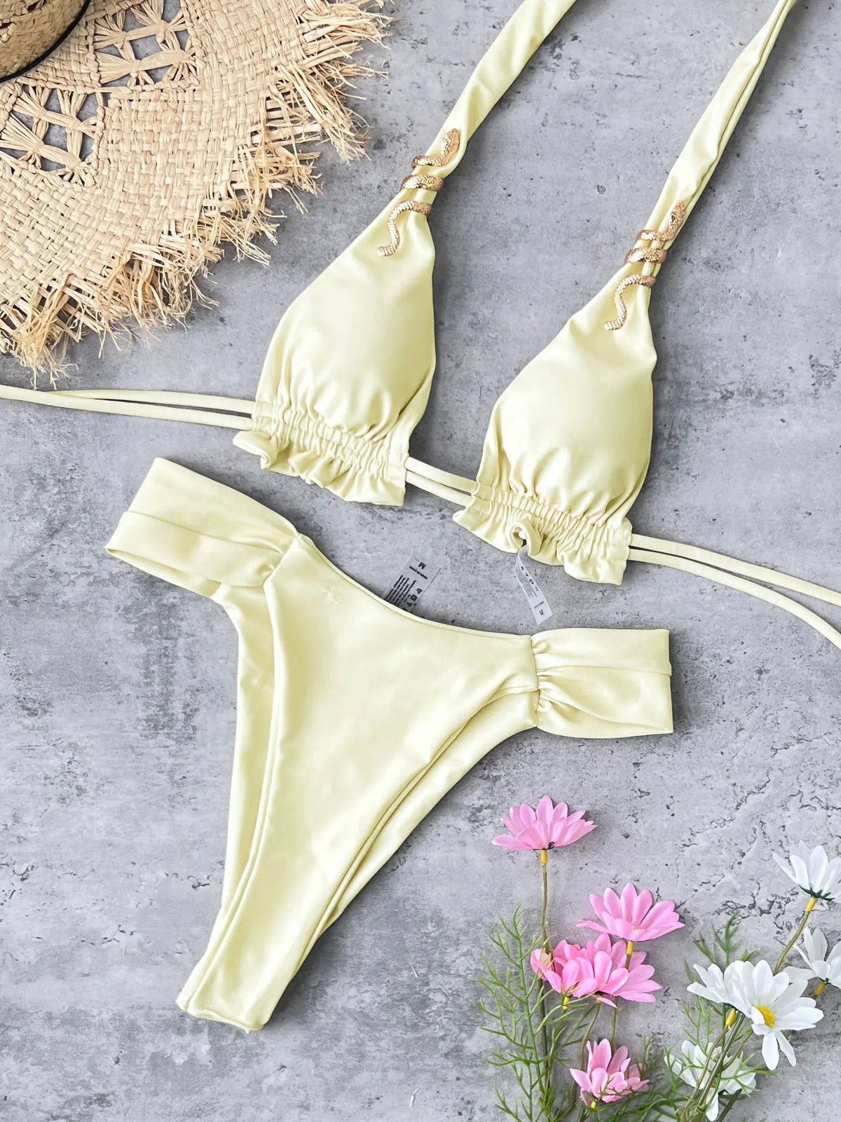 Voguable  Sexy Triangle Bikini Women Yellow Metal 3D Snake Strap Push Up Pleate Thong Swimsuit Summer Bathing Suit Bandage Swimwear voguable