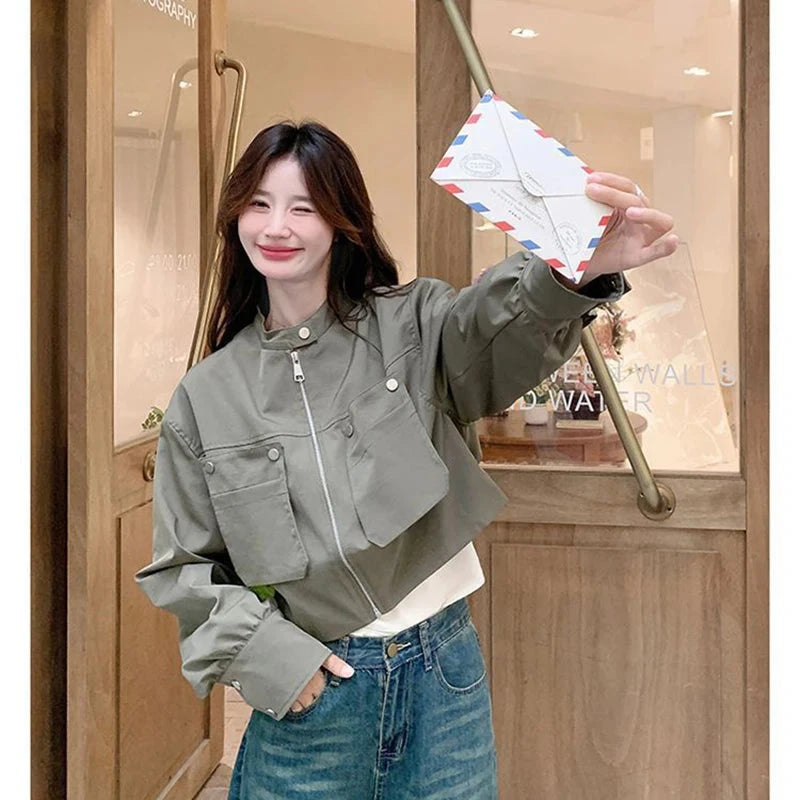 Streetwear Y2K Cropped Cargo Jacket Women Vintage Loose Pockets Harajuku Short Coat American Casual Fall O Neck Long Sleeve Tops voguable