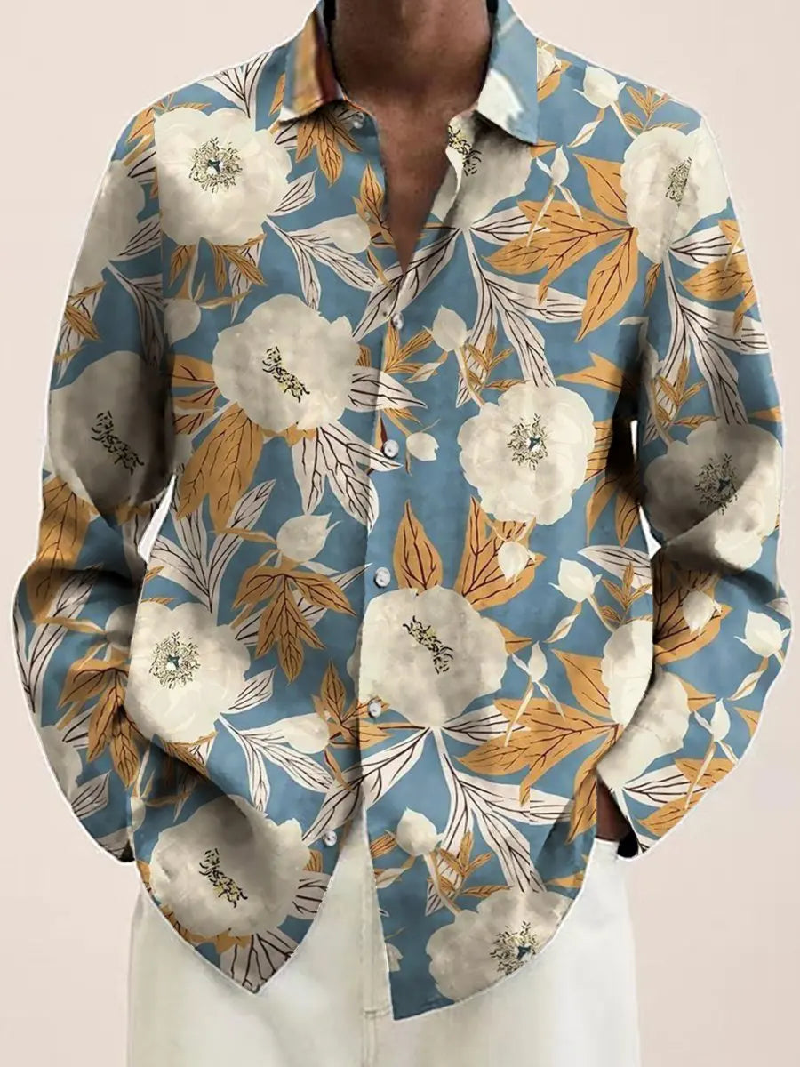 Mens Red Floral Print Long Sleeve Shirt Fashion Design Luxury Long Sleeve Tops Mens Four Seasons Button Lapel Shirt voguable