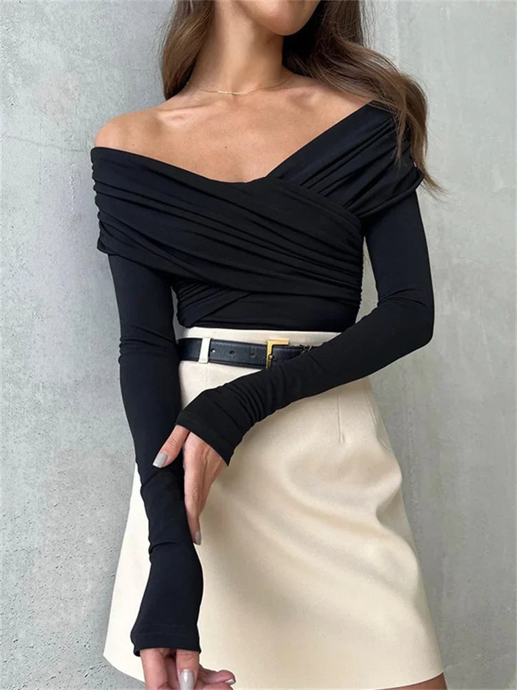 White See-Through Patchwork Jumpsuit For Women Pleated Slim Sexy High Waist Long Sleeve Off-Shoulder Rompers Streetwear voguable