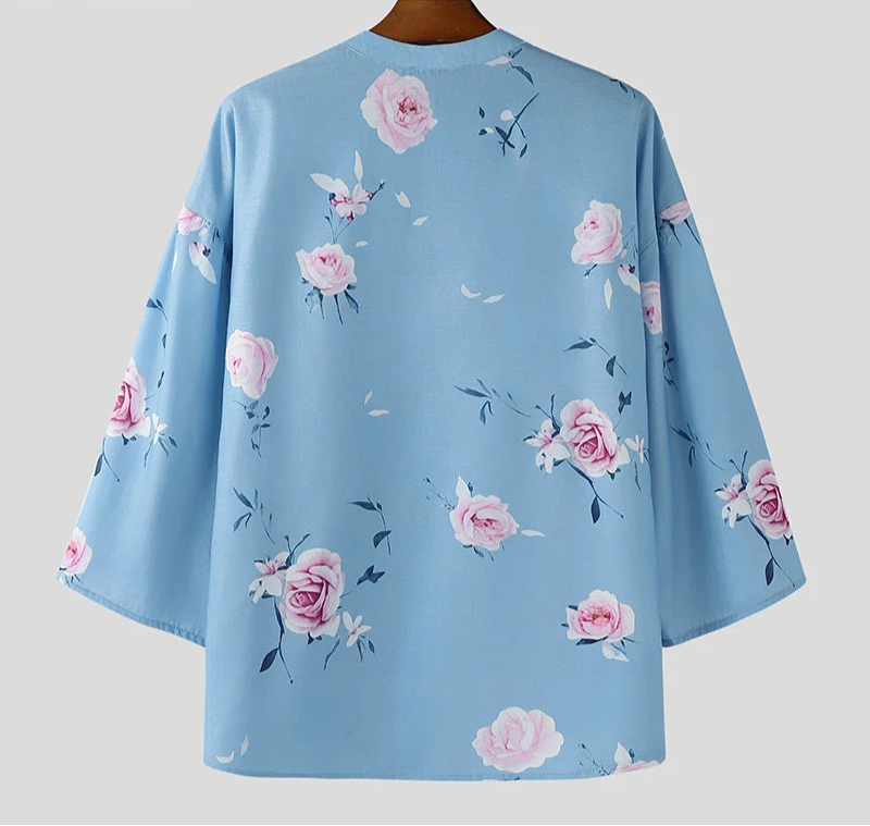 2025Men Shirt Flower Printing Stand Collar 3/4 Sleeve Oversize Men Clothing Streetwear Korean Style Casual Male Shirts voguable
