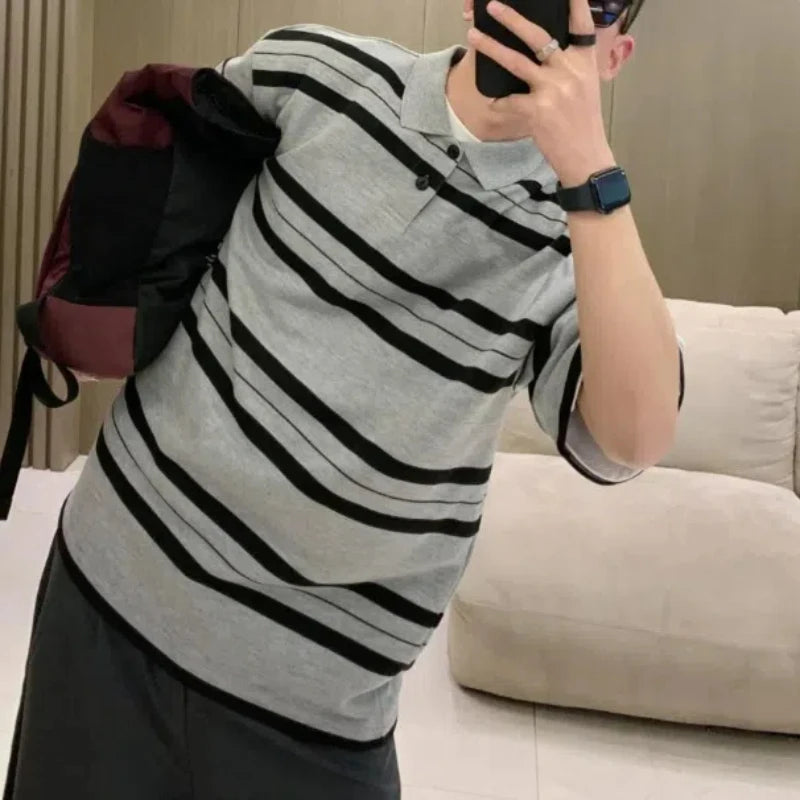Voguable  Korean Boyfriend Summer New Patchwork Polo Shirts Printing Stripes Fashion Loose Minimalist Casual Short Sleeved Tops voguable
