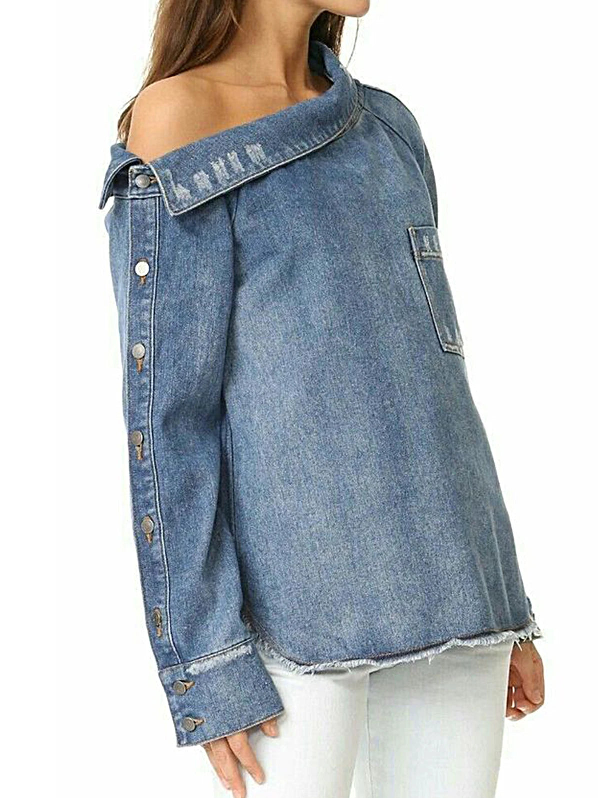 Women Fashion Single Shoulder Asymmetrical Denim Smock Blouse Femme Chic Pocket Buttons Shirt Chemise Blusas Tops voguable