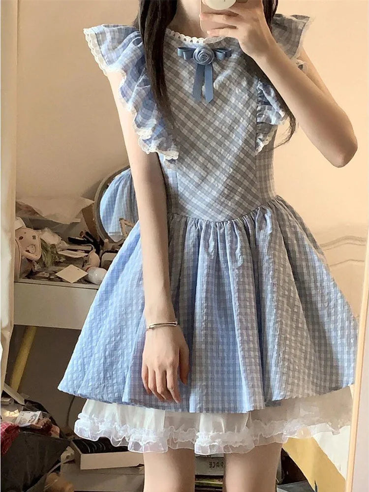 Cute Sweet Blue Plaid Dress Women Elegant 3D Floral Flying Sleeve Mini Dress Japan Vintage Slim Kawaii Lace Patchwork Dress voguable