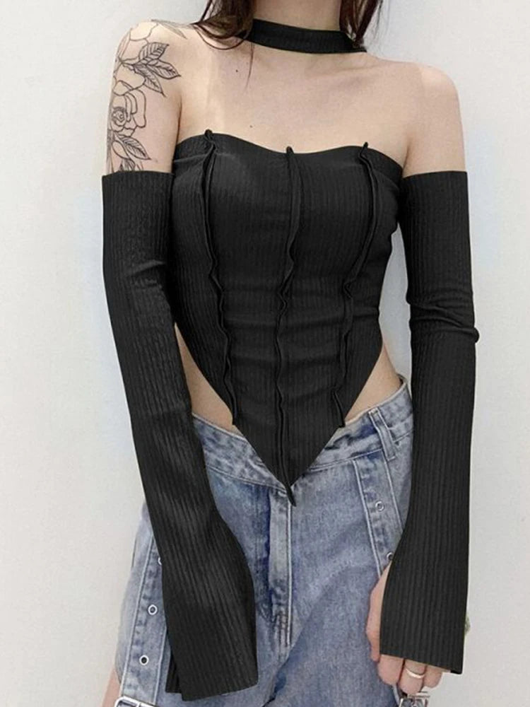 Y2K Top Women Long Sleeve T-Shirts 2 Piece Tops Halter Tanks Backless Crop Top Off Shoulder Tees Sexy Christmas Clothes voguable