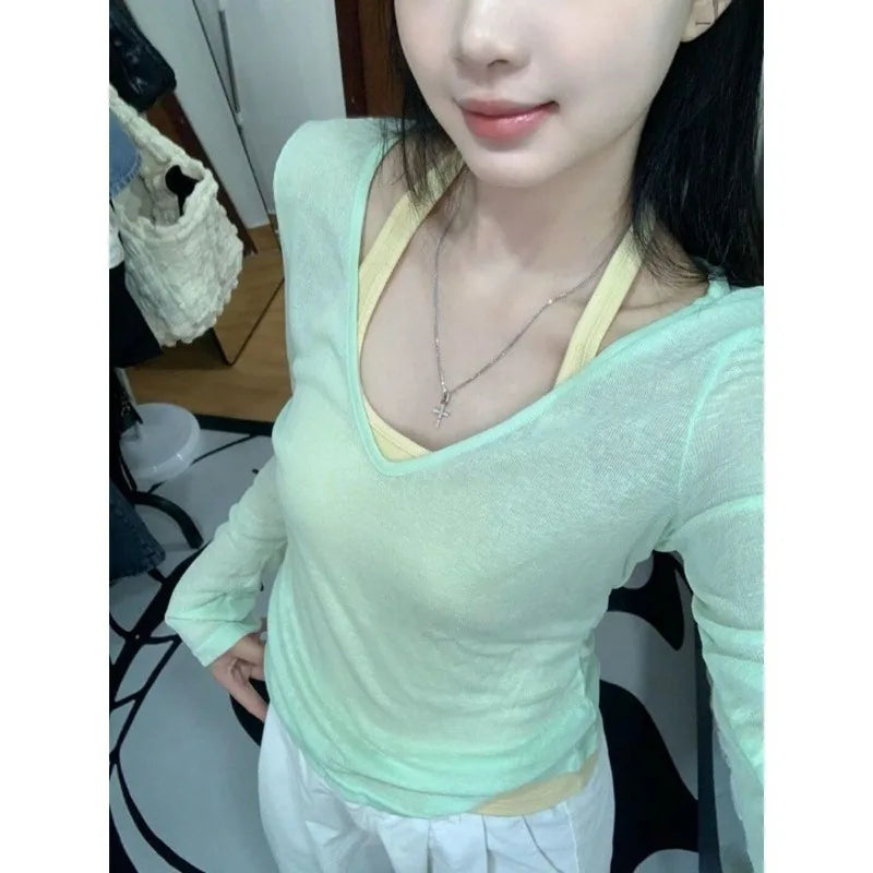 Long Sleeve Women Sun-protective T-shirts+ Camisole Set Korean Slim Basic Elasticity Pullovers Thin Perspective Sexy 2 Piece Set voguable