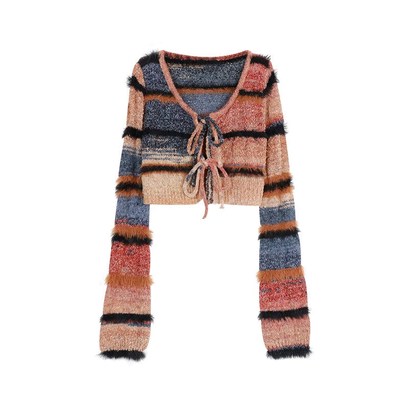 Voguable Autumn New Streetwear Lace Up Sexy Long-sleeved Cardigan Women + Contrast Color Striped Knit Sling Dress Two-piece Suit voguable