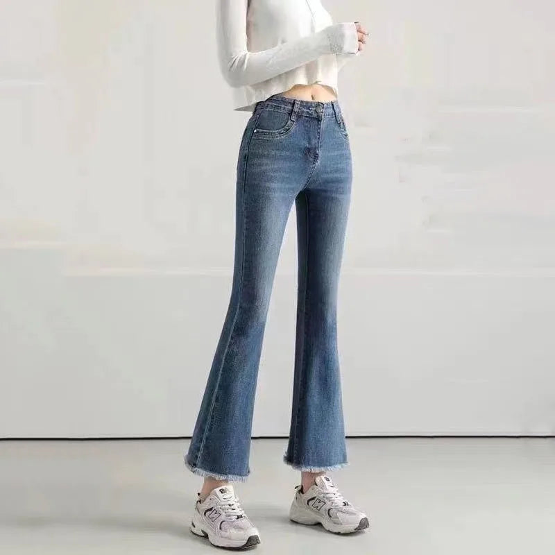 Flare Jeans Women Spring Autumn High Waist Comfortable All-match High Street Young Style Tassel Slim Elastic Trousers  New voguable