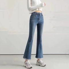 Flare Jeans Women Spring Autumn High Waist Comfortable All-match High Street Young Style Tassel Slim Elastic Trousers  New voguable