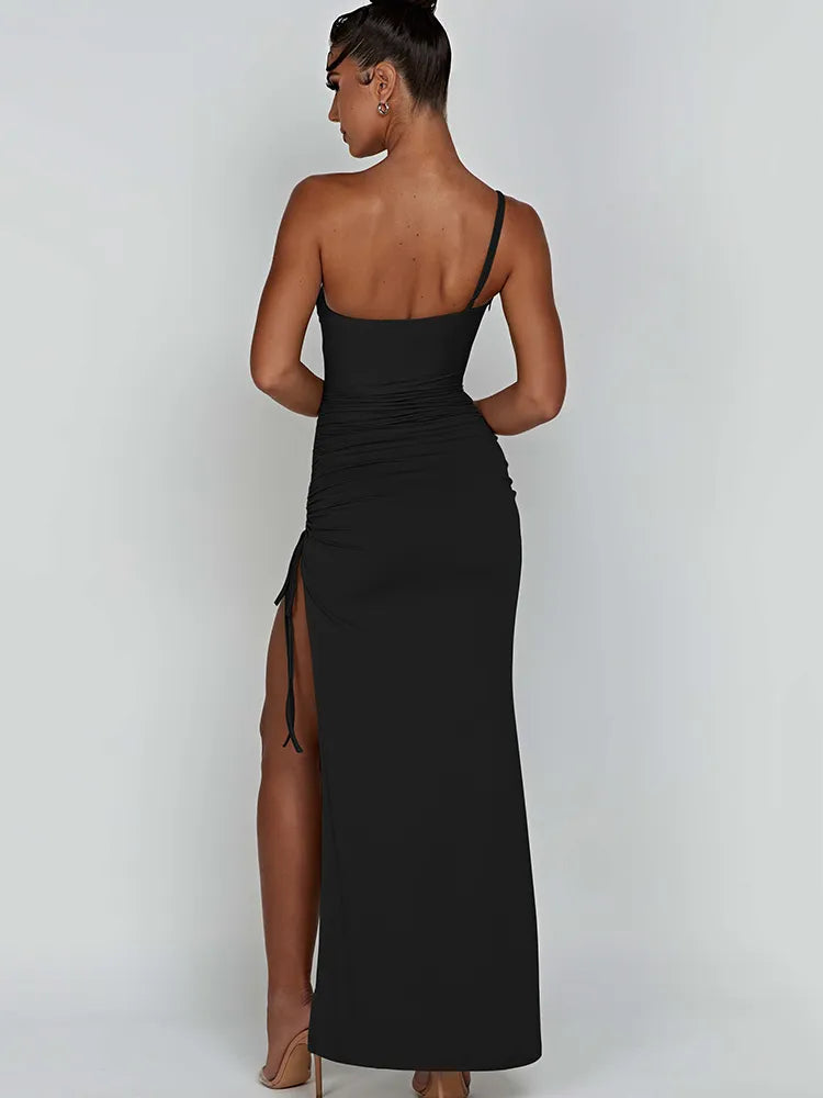 Drawstring High Slit Dress Women Sexy One Shoulder Slim Elastic Maxi Bodycon Party Pleated Vestidos Female Dresses voguable