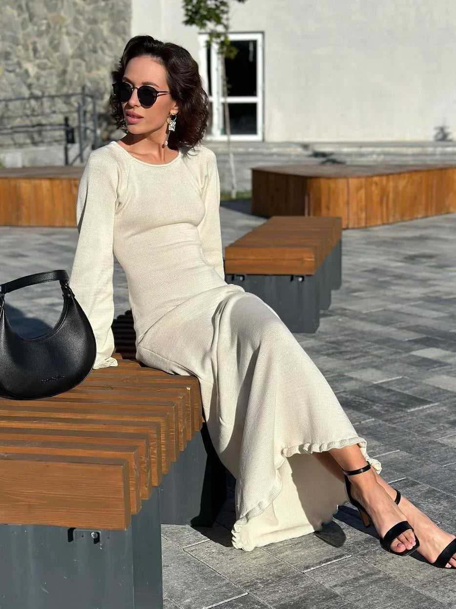TARUXY Knitted Backless Long Dress For Women Ruffled Lace Up High Waist Maxi Dresses Femme Party Elegant Bandage Fashion Dress voguable