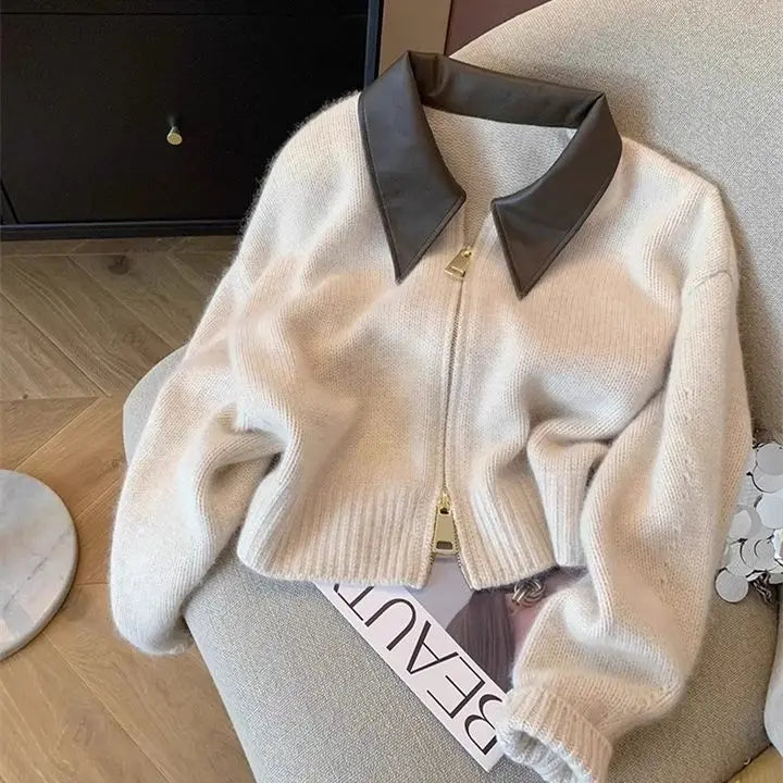 Spliced Leather Collar Knit Sweater Fashion Double Zipper Cardigan Women's Autumn/Winter New Soft Vintage Long Sleeve Streetwear voguable