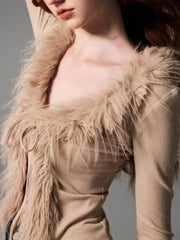 Y2k Aesthetic V-neck Jacket Women Korean Sexy Fashion Cardigan  Harajuku Vintage Bandage Fur Patchwork Coat 2024 Spring Chic voguable
