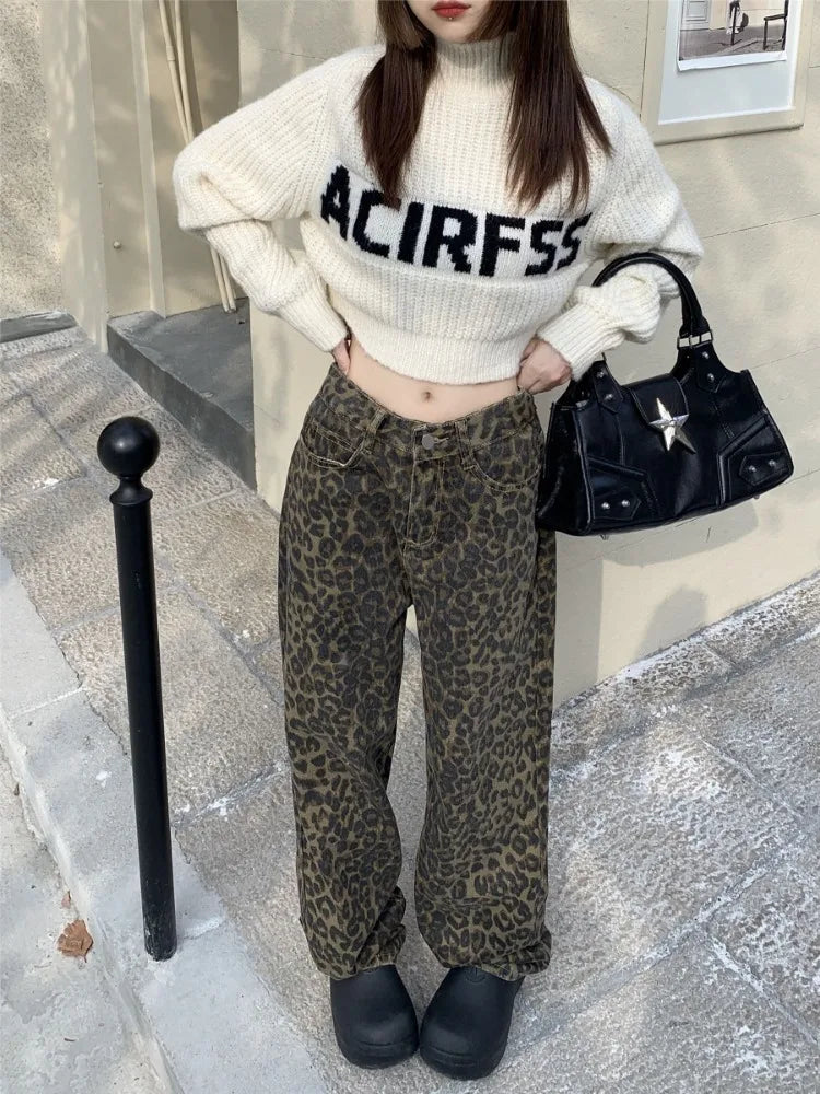 Voguable Vintage Leopard Print Pantalon Femme Wide Leg Pants Women High Waist Straight Y2k Jeans Casual Fashion Korean  Jean Trousers voguable