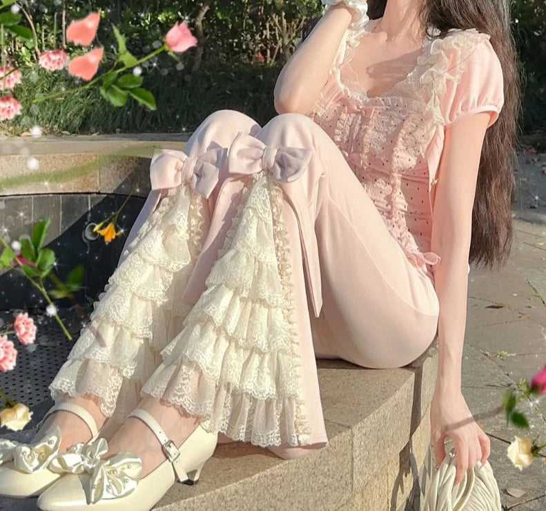 Voguable  Pink Sweet Lolita Style Pants Women Vintage Kawaii Bow Lace Ruffles Flared Pants Female Korean Elegant Casual Fairy Trousers voguable