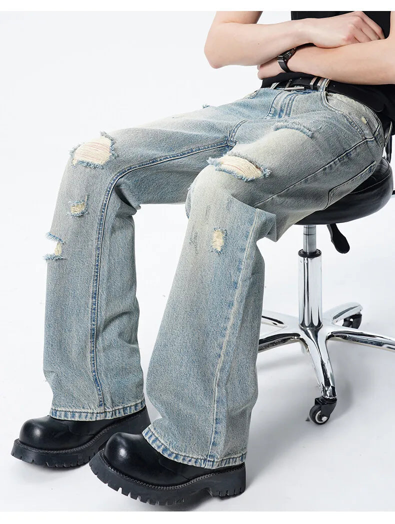 Men Straight Leg Vintage Blue Washed Denim Jeans Casual Ripped Distressed Trousers Classic Retro Style Comfortable Streetwear voguable