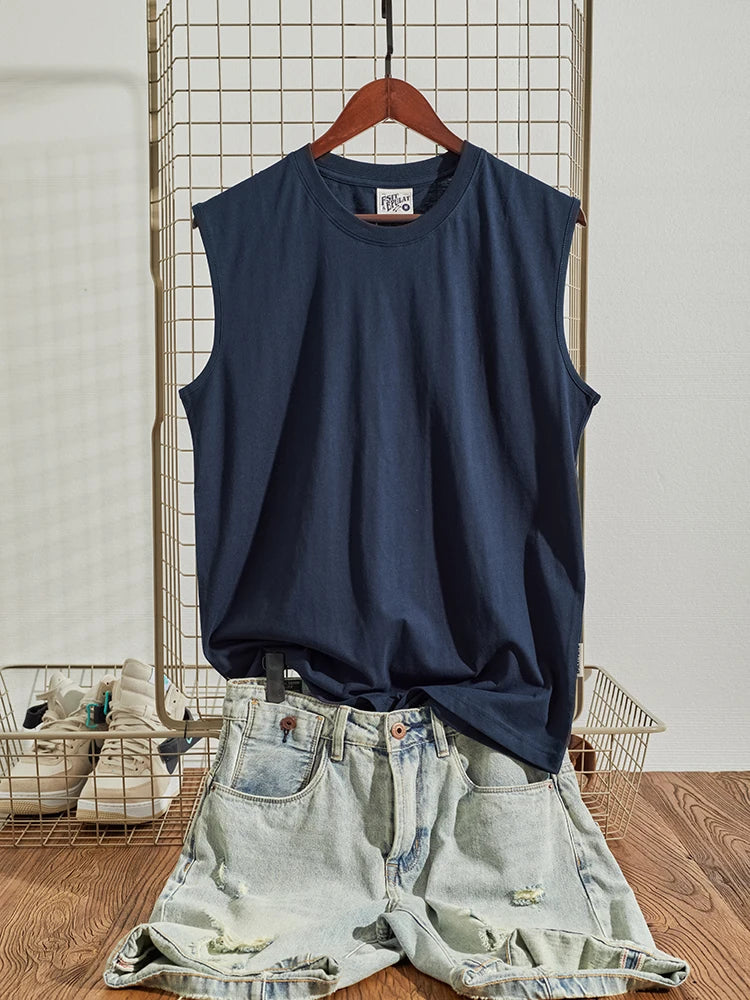Voguable  Summer New American Retro Sleeveless O-neck Soild Color T-shirt Men's Fashion 100% Cotton Washed Old Casual Sports Vest Tops voguable