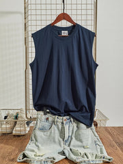 Voguable  Summer New American Retro Sleeveless O-neck Soild Color T-shirt Men's Fashion 100% Cotton Washed Old Casual Sports Vest Tops voguable