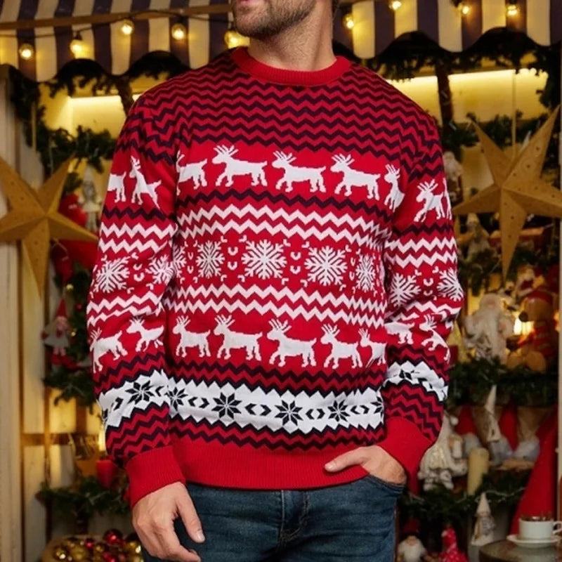 Hot Snowflake Christmas Reindeer Jacquard Pullover Sweater  Autumn Winter Couple Wear Christmas Round Neck Sweater New Year voguable