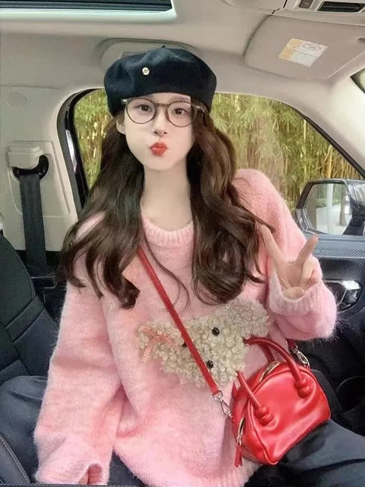 Cute Cartoon Pink Sweater Women Sweet Long Sleeve Knitted Kawaii Jumper Vintage Japan O Neck Lady Casual Lazy Wind Tops New voguable