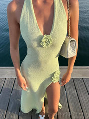 V-Neck Floral Knit Long Dress Women Sexy Slim Backless High Waist Split Sleeveless Fashion Dress For Women Knitwear Dress voguable
