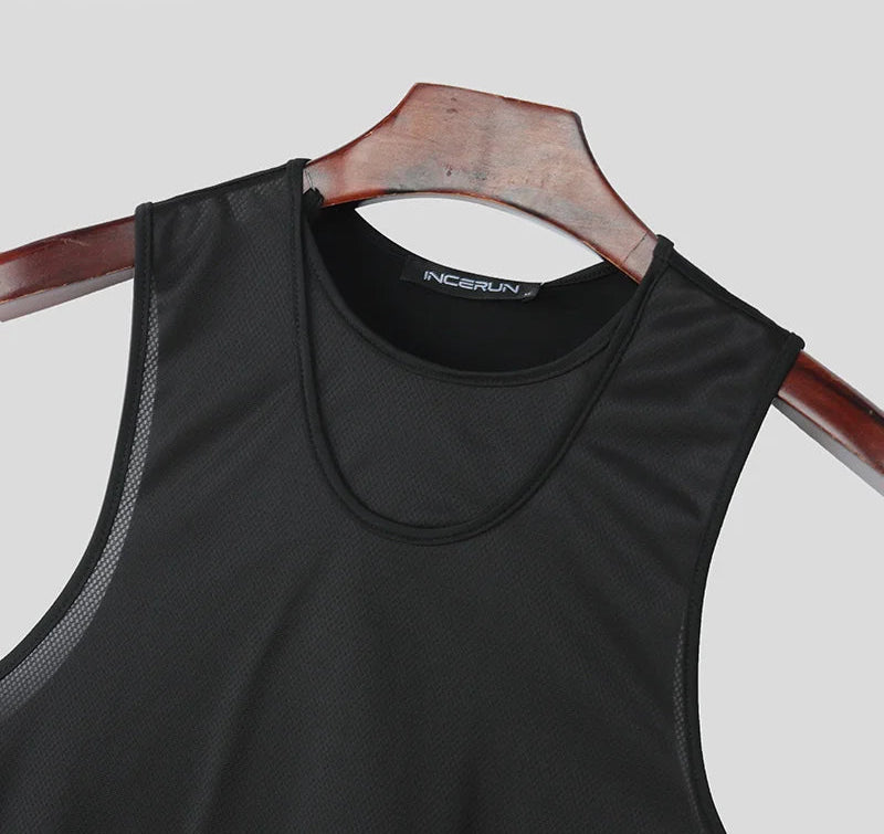 Men Tank Tops Solid Color Lace Up O-neck Sleeveless Sexy Male Vests Summer Streetwear Hollow Out Fashion Crop Tops voguable