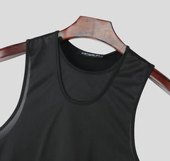 Men Tank Tops Solid Color Lace Up O-neck Sleeveless Sexy Male Vests Summer Streetwear Hollow Out Fashion Crop Tops voguable