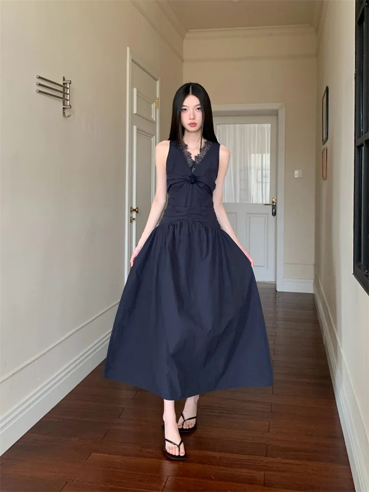 Lace Pathwork Sleeveless Long Modest Dress Summer 2025 Party Evening Dress 2025 V Neck Tunics A Line Midi Dress Clothes voguable