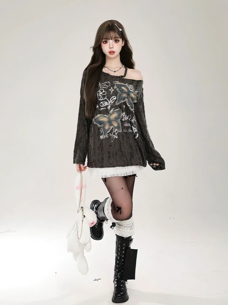 Y2k Holes Graphic Long sleeve T shirt Women Off shoulder Oversize Tops Female Spring Autumn Vintage s Basic Tees Streetwear voguable