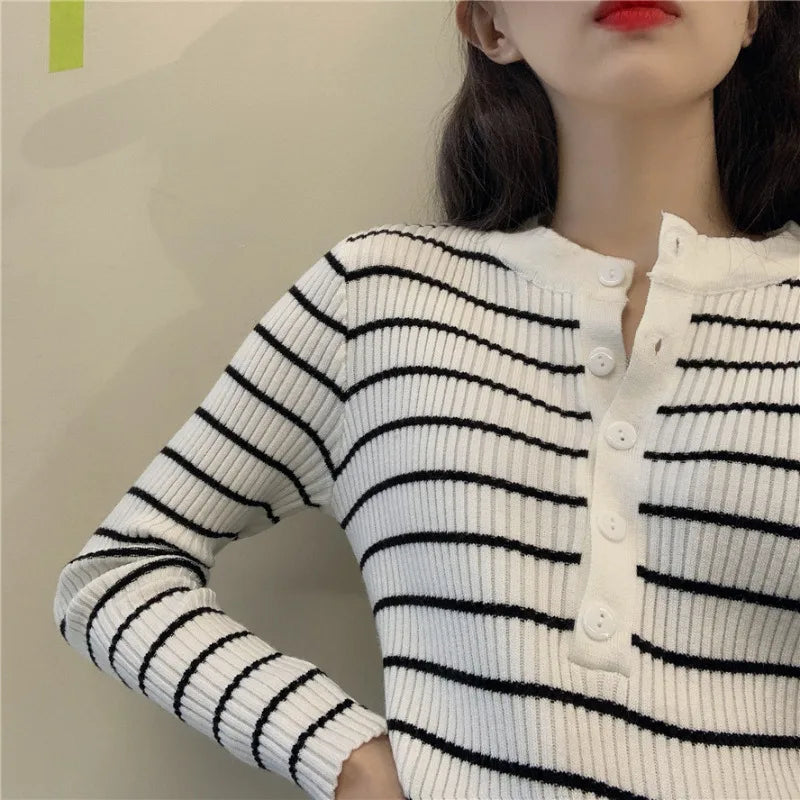 Voguable  Korean Fashion Stripe Knitted Tops Women Y2k Slim Fit Sweaters Mujer Early Autumn New Bottoming Pullovers voguable