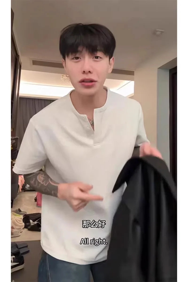 Henley Collar Summer Men Short Sleeve T-Shirt Waffle Button Casual Solid Color T Shirts Loose Comfortable Breathable Beach Tops voguable