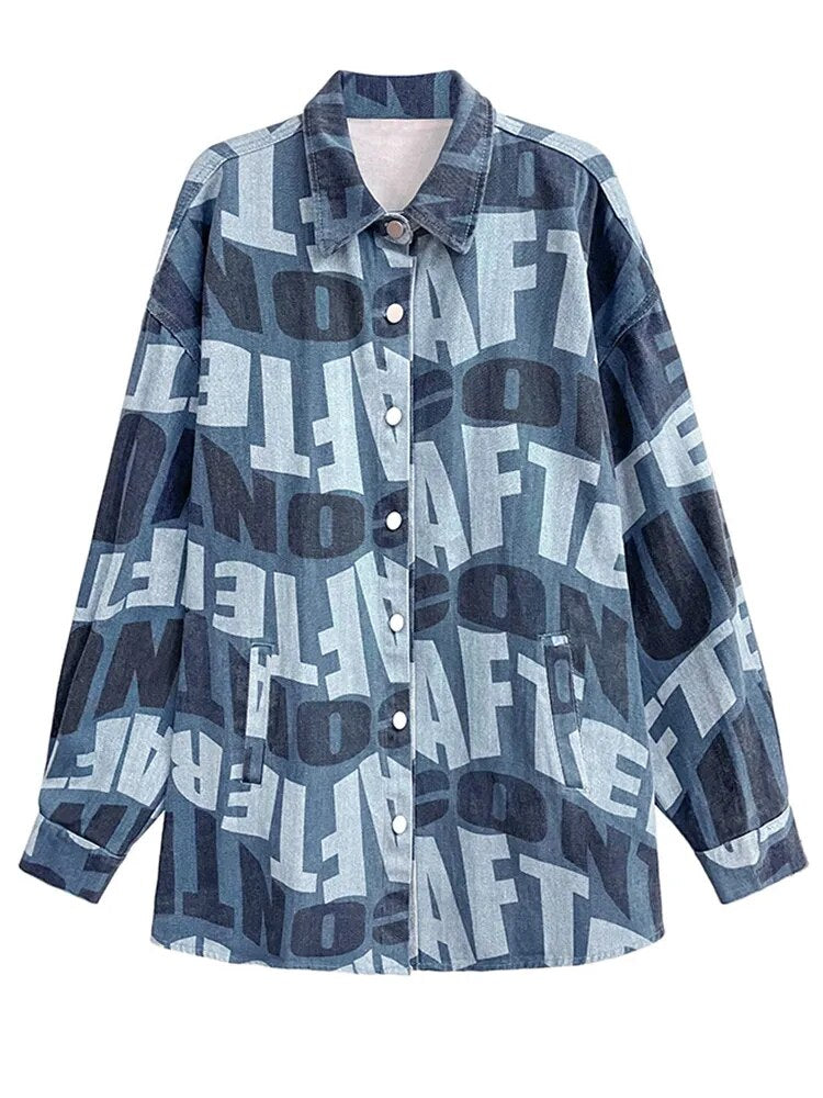 Loose Fit Blue Letter Printed Denim Big Size Jacket New Lapel Long Sleeve Women Coat Fashion Spring Autumn voguable