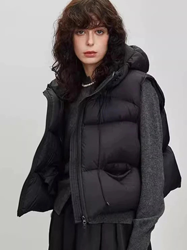 Vintage Y2K Puffy Vest Women Loose Sleeveless Warm Winter Cotton Vest Streetwear Casual Retro American Solid Hooded Vest voguable