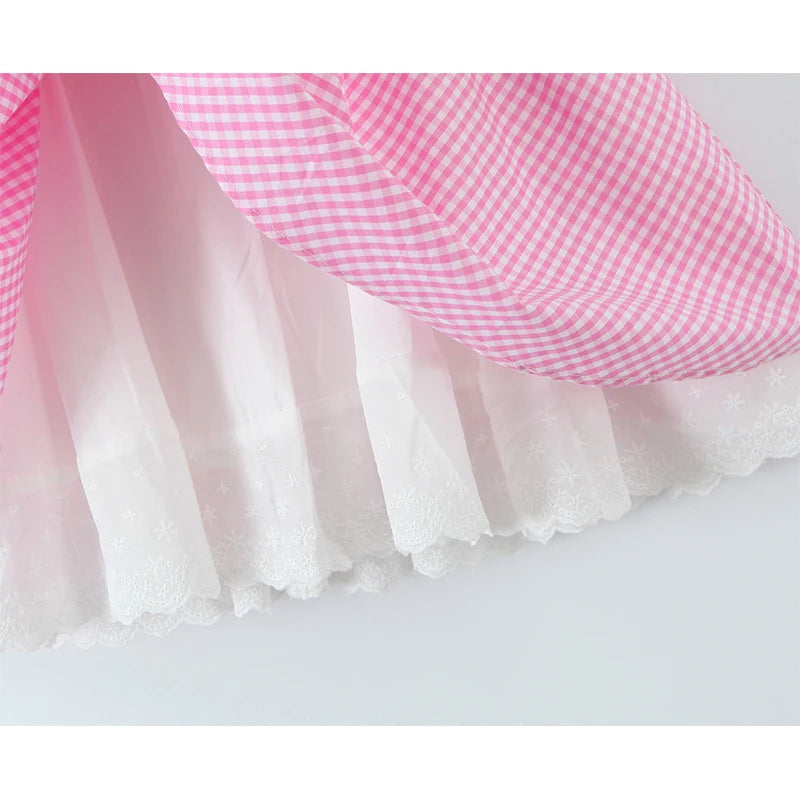 Sexy Spaghetti Straps pink Plaid Mini Dress Women Embroidery Lace Spliced Elegant A-line Summer Dresses Party Robe 2025 voguable