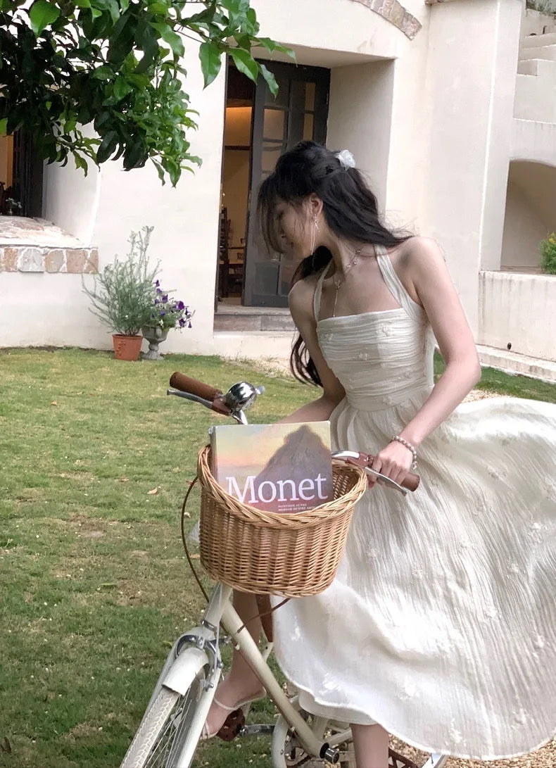 Voguable  Summer Fairy Backless Slash Neck Embroidery Suspender Dresses Women High Waist Chiffon Slim Fit Lolita Style White Dress voguable