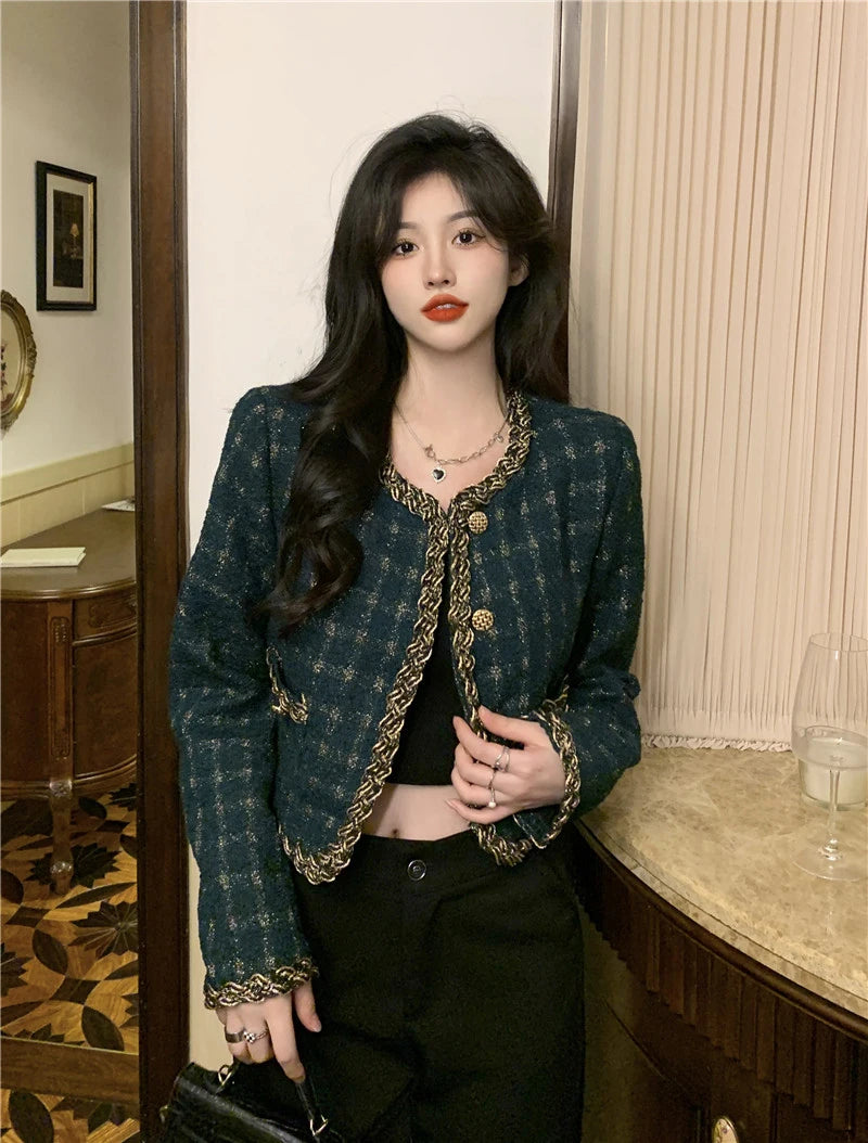 Vintage Cropped Tweed Jacket Women Elegant Blazer Korean Single Breasted Short Coats Autumn Winter Chic Suit Outerwear New voguable