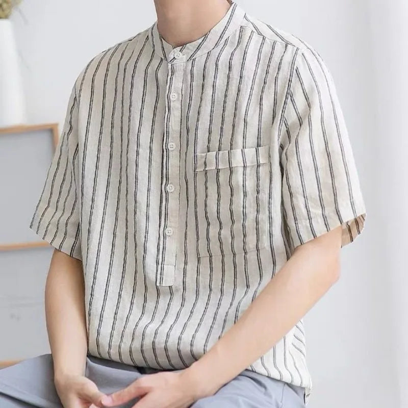Voguable  Men Clothing Trendy Japanese Style Vintage Striped Print Short Sleeve Shirt Summer Simple Casual Stand Collar Loose Cotton Tops voguable