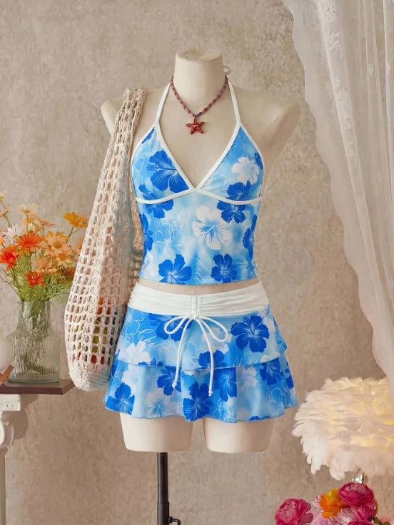 Voguable  Women Floral 3 Piece Tankini Set Halter Neck Tank Top Bikini Brief Drawstring Tiered Ruffle Swim Skirt Tropical Beach Swimwear voguable