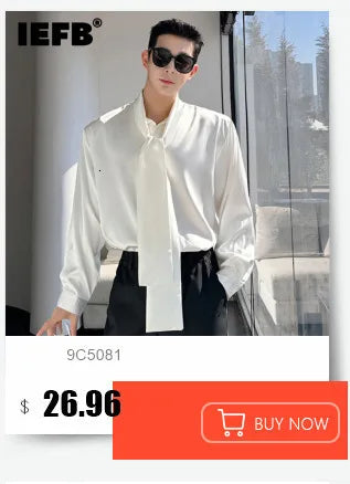 Korean Style Men's Shirts Turn-down Collar Detachable Tie Lace-up Design Single Breasted Casual Solid Color Male Tops 9W180 voguable