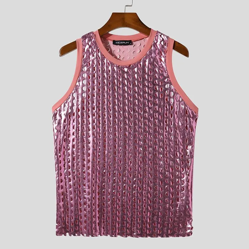 Men Tank Tops Sparkling O-neck Sleeveless Streetwear Hollow Out Vests Summer Sexy Fashion Party Men Clothing S-5XL voguable