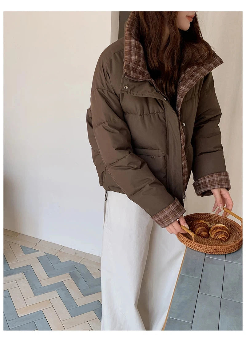 Winter Retro Puffy Parkas Women Warm Thick Plaid Patchwork Cute Coat Casual Preppy Style Korean Long Sleeve Cotton Jackets voguable