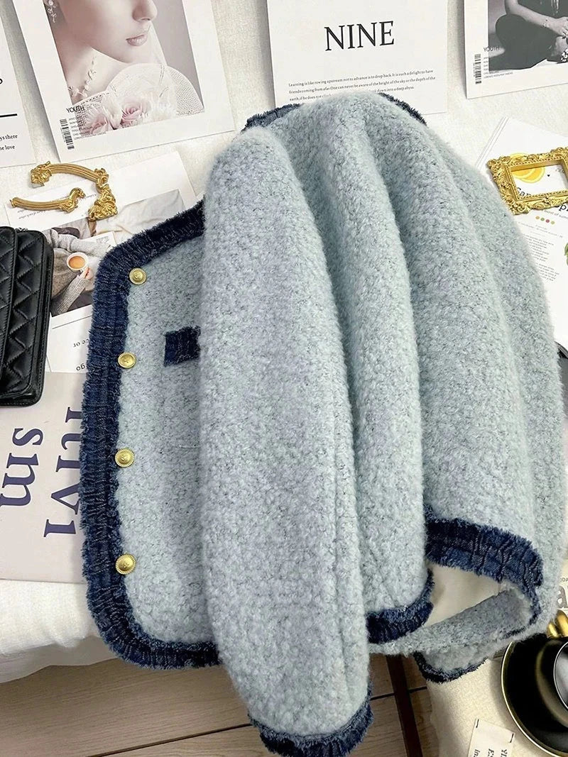 Sweet Thick Warm Tweed Jacket Women O Neck Long Sleeve Winter Cotton Coat Elegant Fashion Patchwork Korean Chic Outwear Top voguable