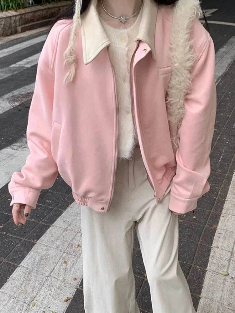 Pink Faux Suede Jacket Women Sweet Long Sleeve Vintage Streetwear Baseball Coat Fall Casual Retro American Y2K Lady Outwear voguable