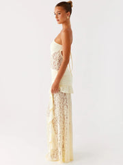 One Shoulder Backless Sexy Maxi Dress Women Lace Patchwork Fashion Sleeveless Lace-up Draped Ruffle Club Long Dress voguable