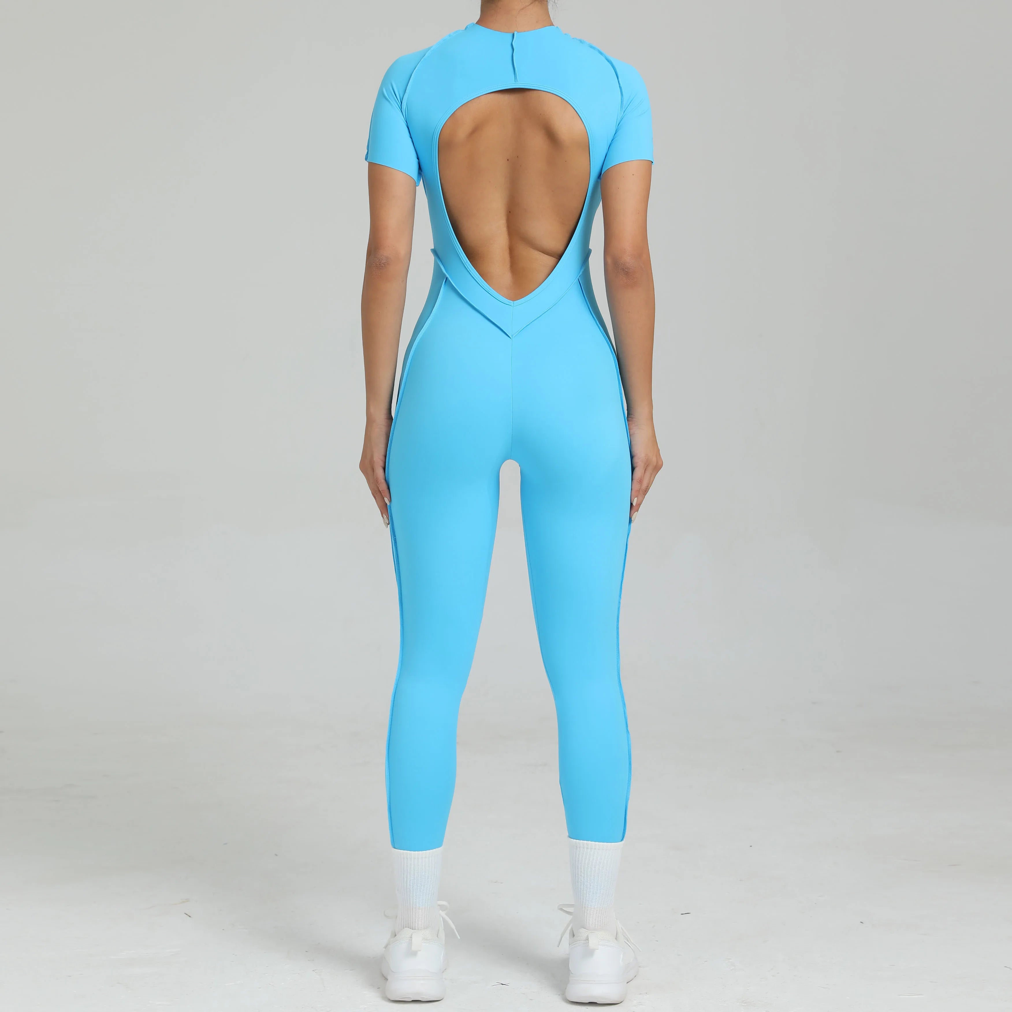 Voguable  Women's One-Piece Suit Zipper Short Sleeve Gym Push Up Workout Clothes Fitness Short Bodysuit Sportswear Jumpsuits voguable