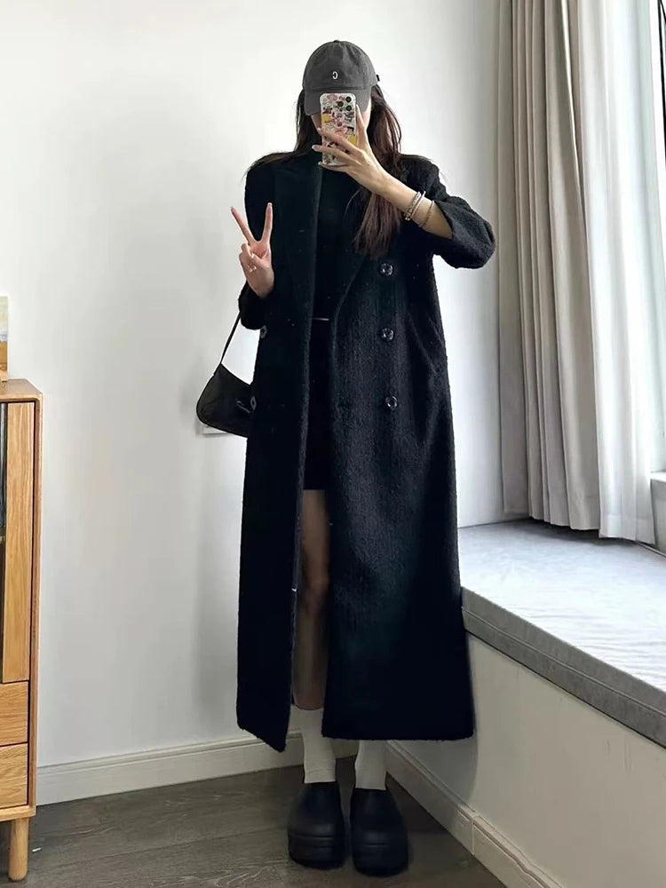 Black Faux Wool Jacket Women Winter Thick Warm Double Breasted Long Coat Y2K Female Korean Elegant Hepburn Style Blend Outerwear voguable