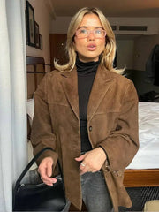 Fashion Brown Lapel With Pocket Jacket Woman Casual Single Breasted Long Sleeve Short Coat 2024 Lady Autumn High Street Outwear voguable