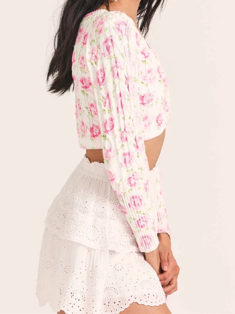 Autumn Retro Tie-dye Flower Print Cropped Cardigan Woman V neck Puff Long Sleeve Knitted Sweater Knitwear Jumper voguable